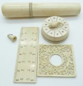 Late 19thC ivory whist marker, carved ivory panel, bone container with Spillikins game, a