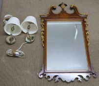 Two brass electric wall lights with mirror backs and a mahogany wheatear mirrors with gilt