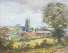 Rundell oil on board of church in possible Cotswold countryside landscape, signed lower right, 40