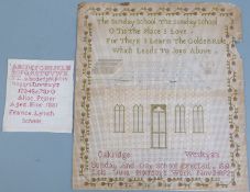 Oakridge Sunday School sampler dated 1872 together with France Lynch School stitching by Alice