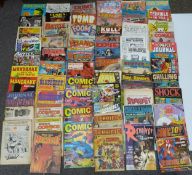 A large collection of comic books and magazines including Beano, Eerie, Comic World, Terrific,