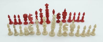 A 19thC / 20thC carved bone miniature part chess set, height of king 3.2cm (29 pieces)