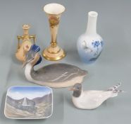 Copenhagen Crested Grebe, gull, vase and pin tray and two Royal Worcester blush ivory vases, tallest