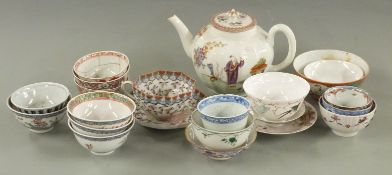 A collection of Chinese/ Japanese tea ware including 19thC tea pot decorated with figures in
