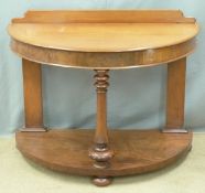 Victorian mahogany demi-lune table with undershelf, gallery back and turned front support with