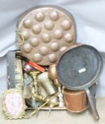 Copper pans, large tankard, brass dallah, gilt metal candlesticks, brass picture frames etc