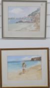Pair of beach watercolours, lady on a beach dated 91 and man with boats beyond, both 21 x 27cm,