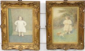Pair of early 20thC watercolours of young girls, one outside with a toy, 23 x 15cm, in ornate gilt