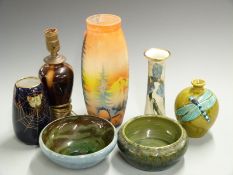 Grimwades butterfly vase, dragonfly vase, studio pottery vase and two bowls, lamp and a Loti Nancy