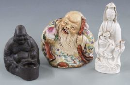 19thC/20thC Chinese polychrome figure of a laughing Buddha, terracotta figural censer and a blanc de