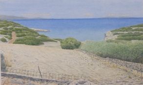 Michael Williams (b1936) watercolour 'Paths to Tripiti' Greek coastal scene, initialled and dated