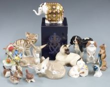 Quantity of ceramic animals including Royal Crown Derby elephant, Beswick dog with drum etc