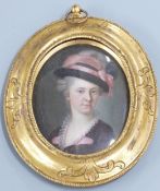 19thC portrait miniature on copper of a lady with feathered hat and lace trimmed dress, maximum