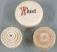 Two ivory whist marker boxes, one with carved design and clubs symbol to top, the other with 'Whist'