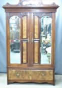 19thC carved walnut wardrobe with bevelled glass mirrors and single drawer, W137 x D57 x H220cm