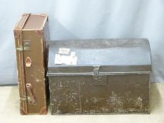 A vintage domed topped metal trunk and a leather suitcase, largest W71 x D42 x H50cm