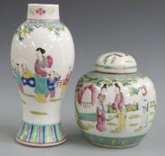 A 19thC/20thC Chinese vase and covered ginger jar with marks to base, largest 22cm
