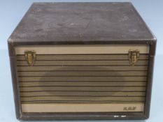 Vintage HMV portable record player in brown 'rexine' finish