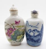 Two Chinese ceramic snuff bottles with marks to base, 7cm tall