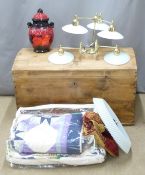 A pine twin handled chest with light fittings and covered Rumtopf ginger jar, the chest W99 x D56