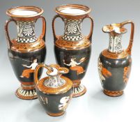 19thC Prattware pair of twin handled vases and two ewers, tallest 35cm