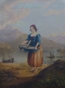 19th/early 20thC Continental school oil on canvas lady carrying a catch of fish with lake, boats and