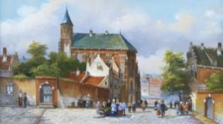 Daniel Szeberenyi (b1949) Dutch or similar street scene with church, signed lower left, 19 x 34cm,