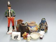 Charlotte Rhead Crown Ducal twin handled jardinere, Doulton leather effect jug, Irish Mist Whisky