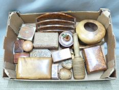 A collection of treen items including Amboyna stationery stand, turned specimen wood vase, brass