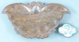 Chinese carved dish in the form of a bat with marks to base and an enamel dish depicting figures