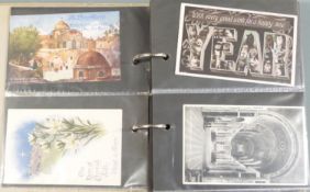 A postcard album, Edwardian onwards of humorous, topographical views including Exmouth, Whippingham,