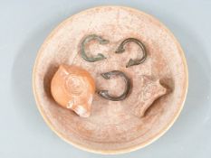 African bronze money, terracotta bowl and tea pot