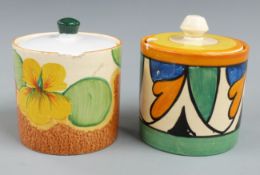 Two Clarice Cliff Newport Pottery Bizarre preserve pots, one Nasturtium pattern, H7.5cm