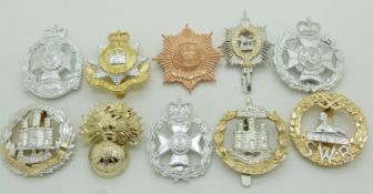 Ten British Army anodised cap badges including South Wales Borderers, Leeds Rifles and Dorset