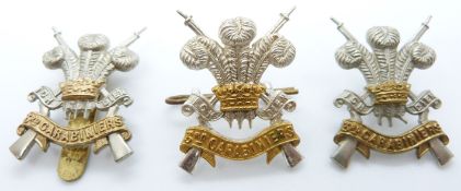 Three British Army 3rd Carabiniers metal cap badges including one officer's