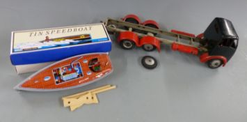 Shakleton clockwork diecast model Foden flatbed lorry with green cab and red wheel arches together