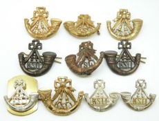 Ten British Army King's Shropshire Light Infantry metal collar badges in four pairs plus two