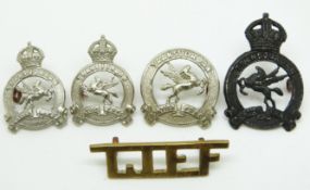 Four Transjordan Frontier Force metal badges including an officer's example and a shoulder title,