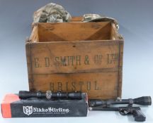 A collection of air rifle and shooting parts and accessories including two gun scopes Nikko Sterling