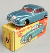 Dinky Toys diecast model 2 ½ Litre V8 Daimler with teal body and red interior, 146, in original box.