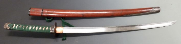 Japanese Wakizashi in red lacquer scabbard, overall length 88cm
