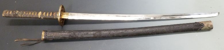 Japanese Katana sword with engraved blade and gilt metal fittings, overall length 100cm