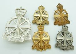 Five British Army Apprentices School metal badges including a pouch bag example, three by Gaunt