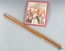 Hallmarked silver topped malacca cane, Royal Artillery stick and a collector's folder of badges