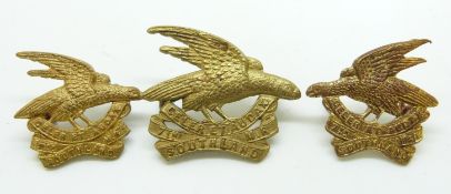 New Zealand Army 7th Southland Mounted Rifles other ranks metal cap badge and collar badges