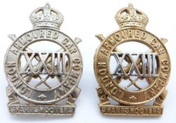 Two British Army 23rd London Armoured Car Company 'Sharpshooters' metal cap badges