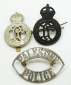 Three Colonial Police Palestine Police Force metal badges, one marked Dowler Birmingham