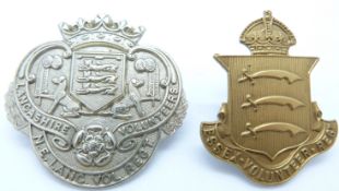 Two British Army metal cap badges Essex Volunteer Regiment with Meggy, Thompson & Creasey Chelmsford