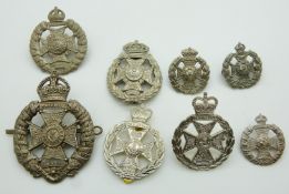Eight British Army Rifle Brigade metal hat badges etc, one marked Firmin London