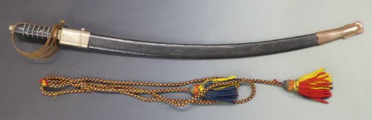 Indian sword with curved 74cm blade and metal mounted scabbard